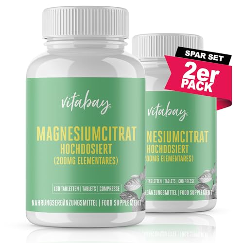 Vitabay Magnesium Citrate Tabletten VEGAN & LABORGEPRÜFT - 360 Stück (2er Set) - je 1278 mg Magnesiumcitrat (200 mg elementares) - Magnesium hochdosiert Kapseln
