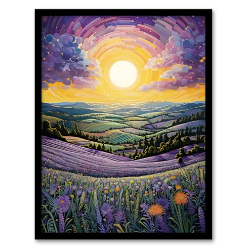 Vibrant Sunrise Over Blooming Lavender Fields Artwork Framed Wall Art Print A4