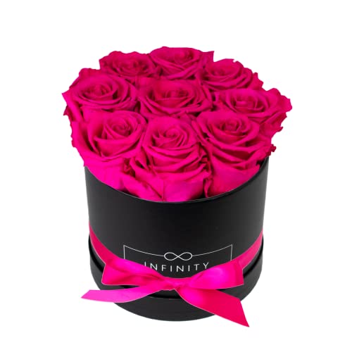Infinity Flowerbox - 9 echte Infinity Rosen (3 Jahre haltbar ohne Wasser) - Mit Geschenkverpackung geliefert I Handgefertigt in Berlin I Geschenk für Frauen (Pinke Rosen in schwarzer Rosenbox)