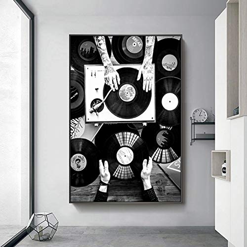 Vinyl Schallplatten Wandkunst Leinwand Gemälde Schwarz Weiß Vintage Musik Poster Drucke Moderne Bilder für Wohnzimmer Wohnkultur 60x90cm Rahmenlos