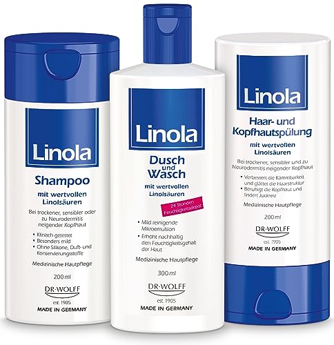 Linola Shampoo 200 ml + Dusch und Wasch 300 ml + Haar- und Kopfhautspülung 200 ml