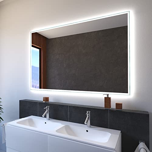 SARAR | Badspiegel Pontivy mit LED-Beleuchtung, eckiger Wandspiegel mit rundum Beleuchtung, Leuchtspiegel Bad | 70x70cm