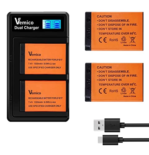 Vemico LP-E17 Akku Ladegerät Kit 2 Pack 1300mAh Ersatzakkus Typ C LCD Dual Ladegerät für Canon EOS 77D/200D/750D/760D/800D/8000D/M3/M5/M6/Rebel T7i/Rebel SL2/Rebel T6i (Vollkompatibel mit Orginal)