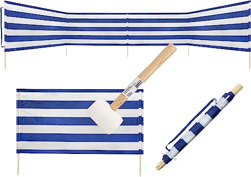 Idena - Windschutz in Blau-Weiß inkl. Gummihammer (weiß), mit Holzstäben, Tragegurt und Fixierungsbändern, 80 x 600 cm, Sichtschutz für Strand, Camping und Garten (800 x 80 cm | inkl. Gummihammer)