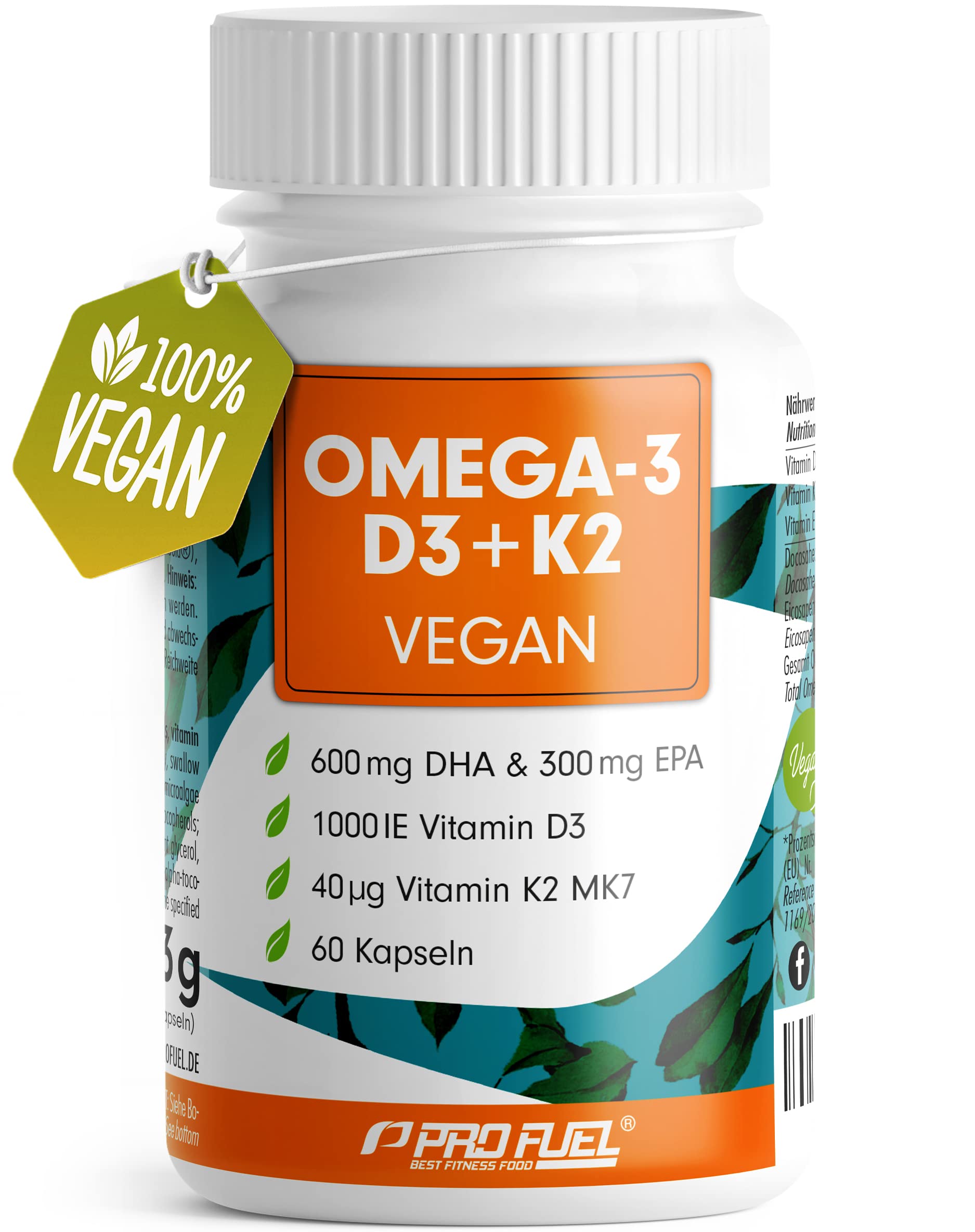 Omega-3 vegan + D3 & K2 (60x), 1100mg Algenöl mit 600mg DHA & 300mg EPA + 1000 IE Vitamin D3 + 40 µg Vitamin K2 - O3 D3 K2 Essentials -Kapseln hochdosiert, bioverfügbar & laborgeprüft