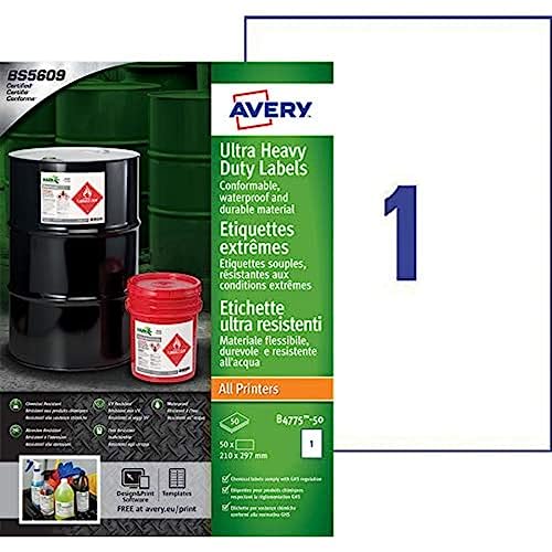 Avery b4775-50 A4 Ultra robuste Wasserdicht GHS Etiketten, bs5609 zertifiziert, für alle Drucker, 210 x 297 mm, weiß