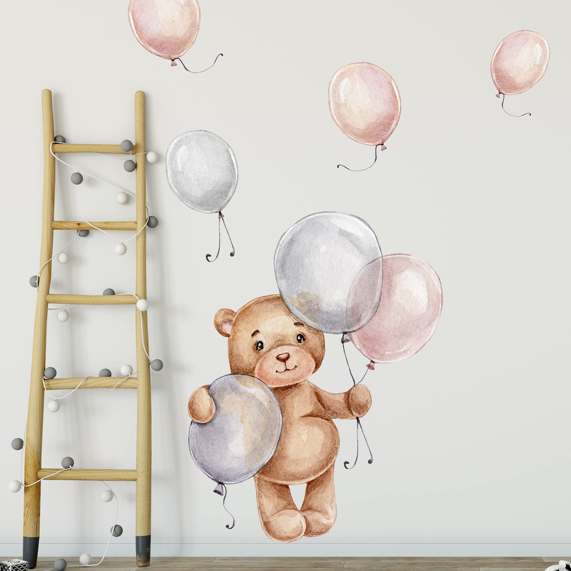 WANDKIND Bär mit Ballons Wandtattoo V271 | handgezeichnet | AUFKLEBER Kindergarten | Wandsticker Kinderzimmer Teddybär mit Luftballons Teddy Ballon (100 x 100 cm)
