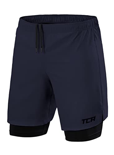 TCA Ultra Herren 2-in-1 Laufshorts mit innerer Kompressionsshorts und Reißverschlussfach - Navy/Black (Blau/Schwarz), S
