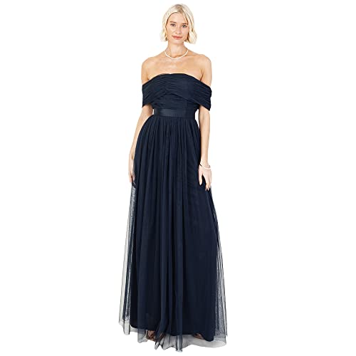 Anaya with Love Damen Womens Ladies Maxi Dress Bardot Off Shoulder with Belt Long Empire Waist for Wedding Guest Prom Evening Gown Bridesmaid Kleid, Navy Blue, 38