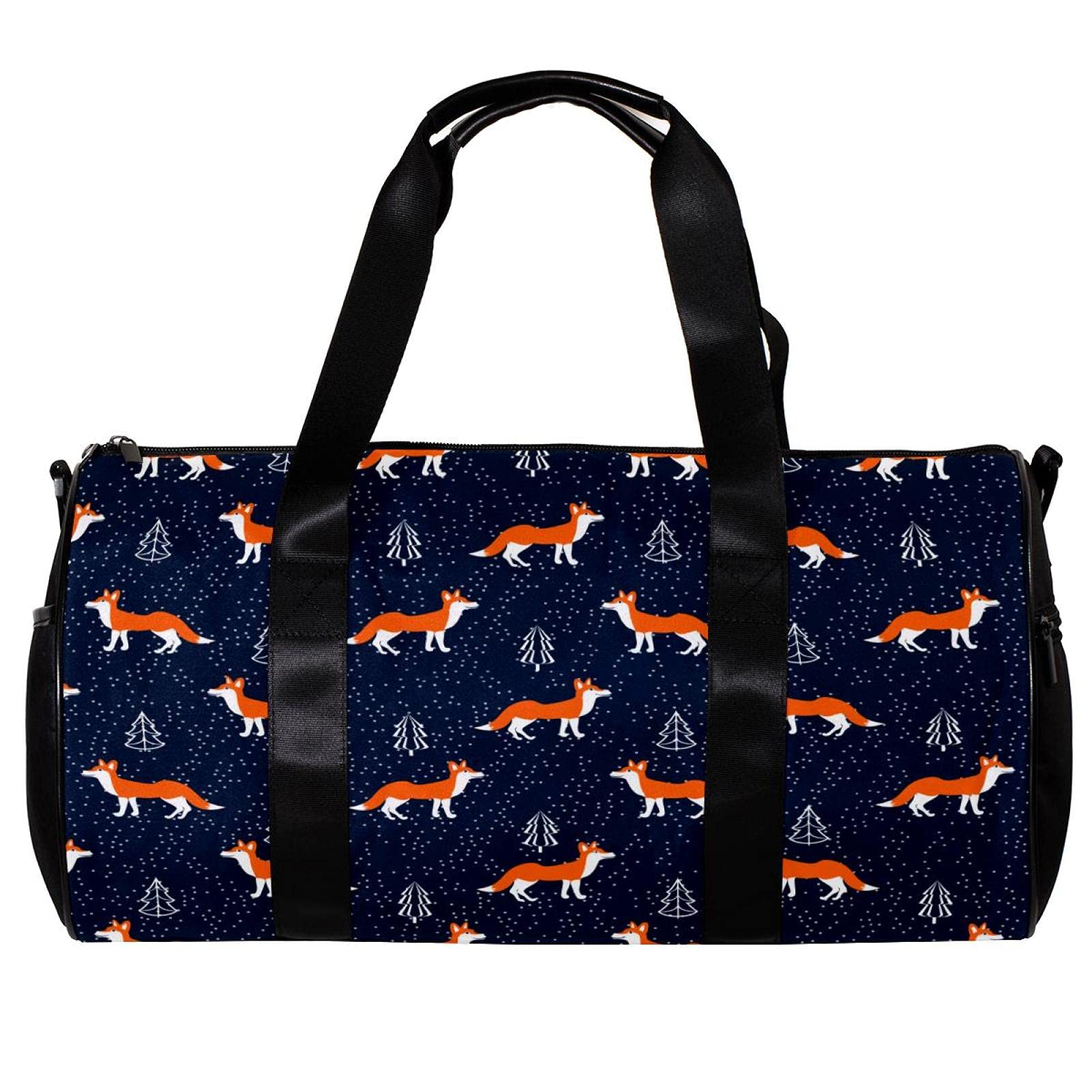 Runde Sporttasche mit abnehmbarem Schultergurt, orangefarbenes Fuchs-Muster, marineblau, Trainings-Handtasche für Damen und Herren