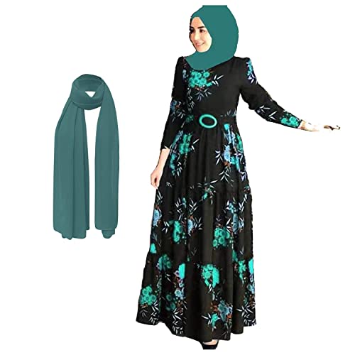 enheng Damen muslimisches Kleid Maxi Kaftan Abaya Kleid islamisches Jilbab Dubai Kleid Langarm ethnischer Stil Gebetskleidung Hijab, C-grün, L