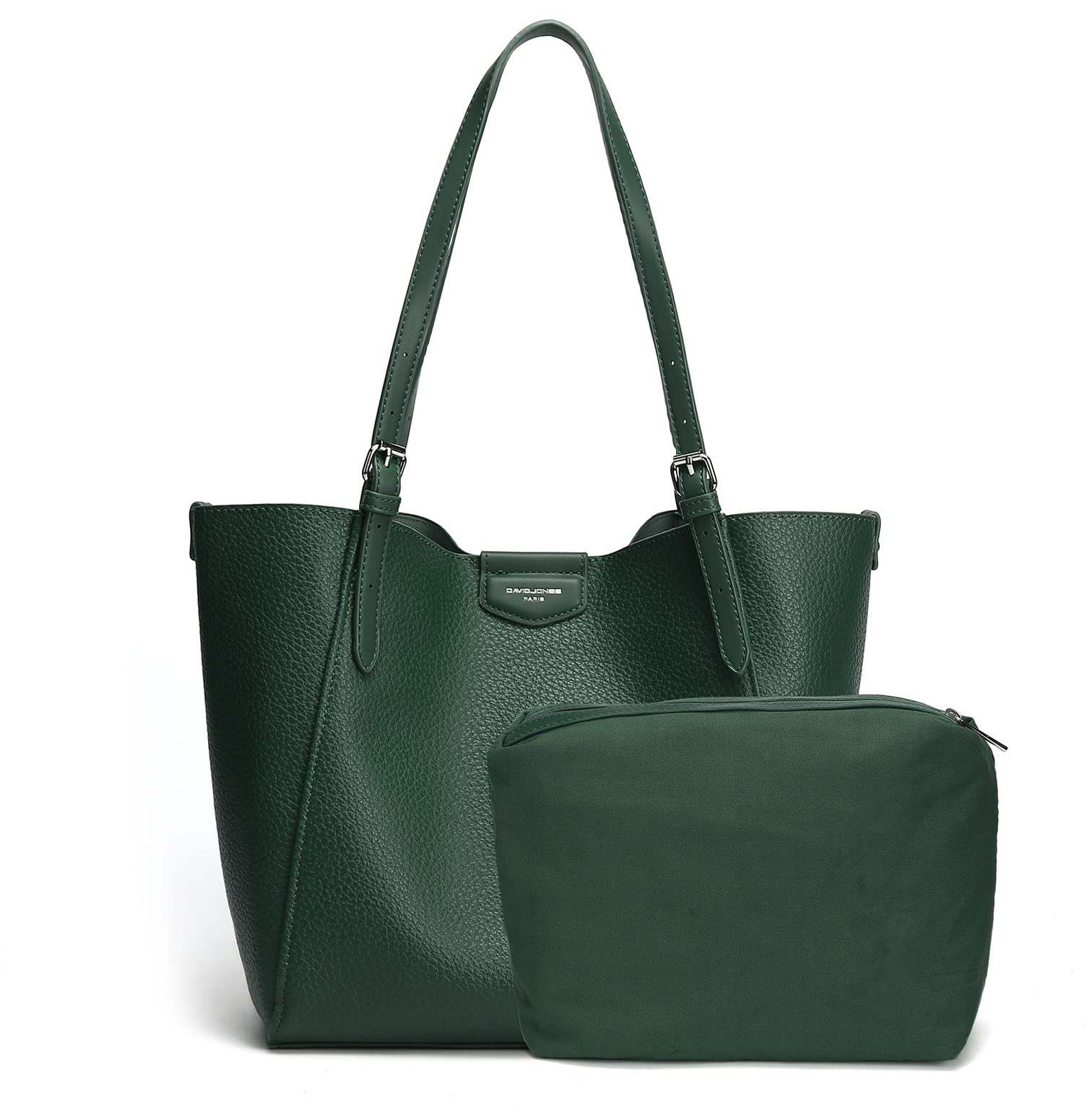 David Jones - Damen Shopper Set 2 Stück - Frau Handtasche Schultertasche PU Leder Lange Henkel - Tote Tasche mit Mäppchen - Große Tragetasche Arbeit Reise Schule Büro Shopping A4 Mode - Grün