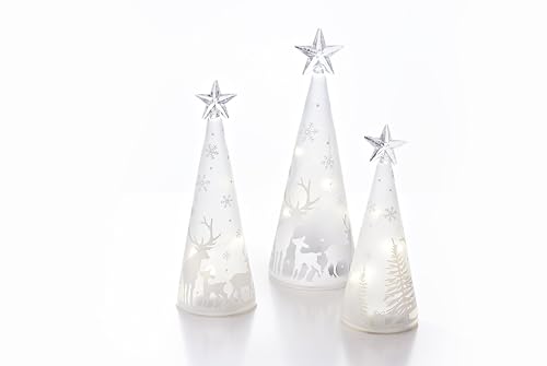 LED-Glaskegel Winterwald 3er-Set | drei stilisierte Tannen in Kegelform | bis zu 23 cm hoch | einzeln oder als Trio dekorierbar | mit Rentiermotiv und Sternaufsatz