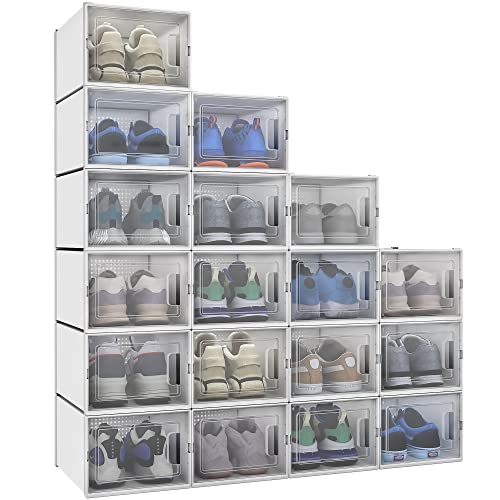 YITAHOME Schuhboxen, 18er Set, Aufbewahrungsboxen für Schuhe, Schuhkarton, stapelbar und stabil, Schuh-Organizer mit durchsichtig Tür, transparent, für Schuhe bis Größe 44 Weiß Schuhbox