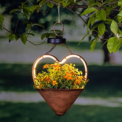 Solar Hängeleuchte zum Bepflanzen in Rost Optik - HERZ - Hänge Blumenampel warm weiß beleuchtet - Garten Deko Beleuchtung mit integrierter Pflanzschale Blumenschale (Herz)