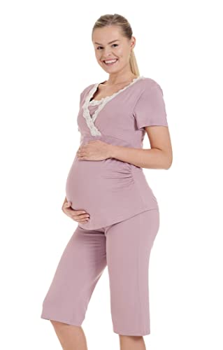 Herzmutter Stillpyjama-Umstandspyjama - Kurz-Kurzarm - Schlafanzug für Schwangere - Nachtwäsche-Pyjama-Set mit Spitze - Schwangerschaft-Stillzeit-Stillfunktion - 2500 (XL, Altrosa)