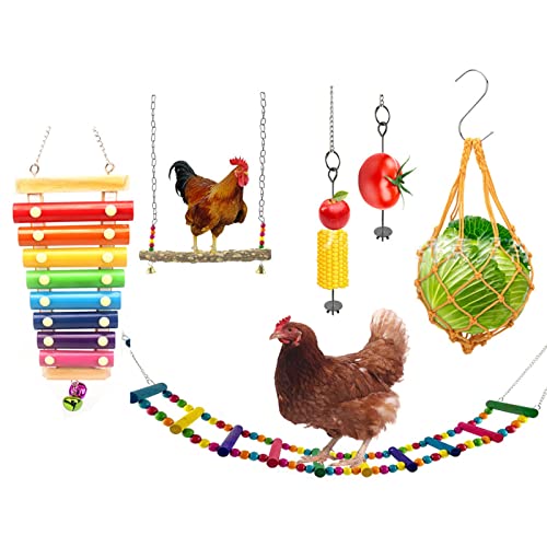 QZSM Hühner Spielzeug, Hühnerstall Zubehör, HüHnerstall-Spielzeug, Hühner-Xylophon-Brücken-Schaukel-Spielzeug und Gemüse-Hängefütter für Hühner, 6 Stück