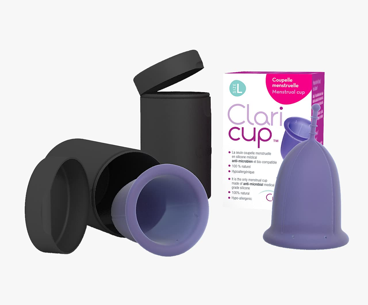 Claricup Menstruationstasse – Medizinisches antimikrobiell Silikon, Größe 2– Lieferung mit Transport- und Desinfektionsbox.