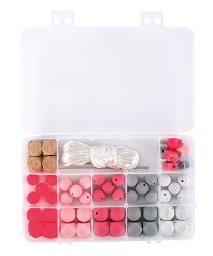 Rayher 14860258 Silikonperlen sortiert, rosa, hellgrau, weiß, schweiß- und speichelecht, Box mit 61 Teilen, inklusiv Fädelschnur