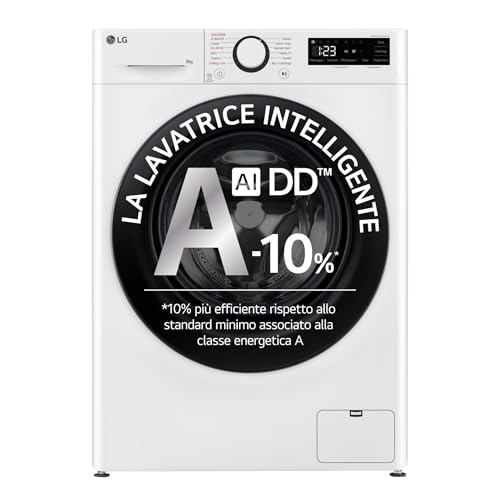 LG AI DD F2R3S08NSWB Waschmaschine Slim mit Frontlader, 8 kg, Serie R3, Waschmaschine, Klasse A, 1200 Umdrehungen, Dampfreinigung, AI Wash, Inverter Direct Drive, Smart Diagnosis, Freistehend, Weiß