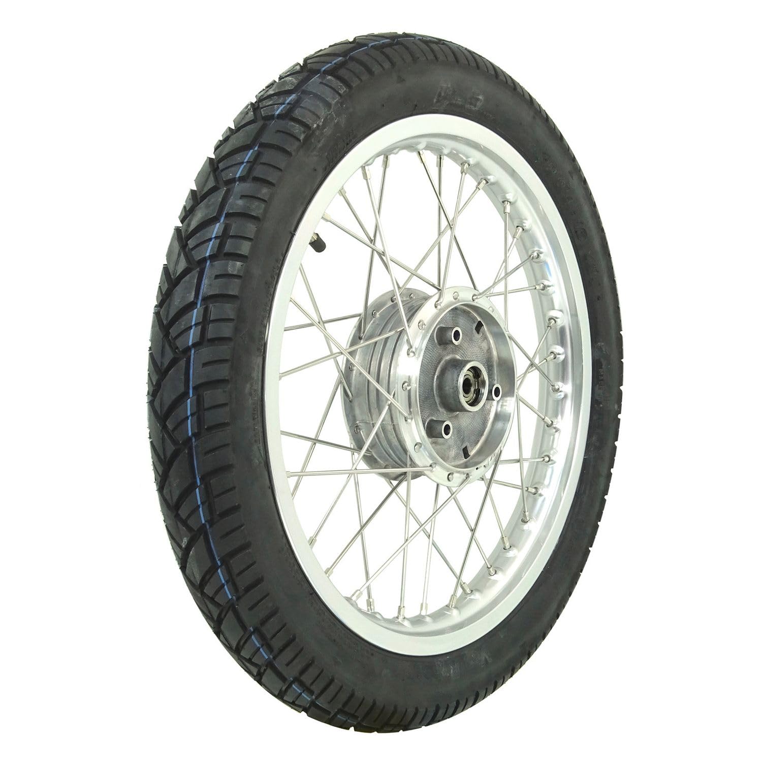 Komplettrad - Vorne - 1,5x16 Zoll - Alufelge poliert, Edelstahlspeichen, mit Vee Rubber-Reifen VRM094 montiert