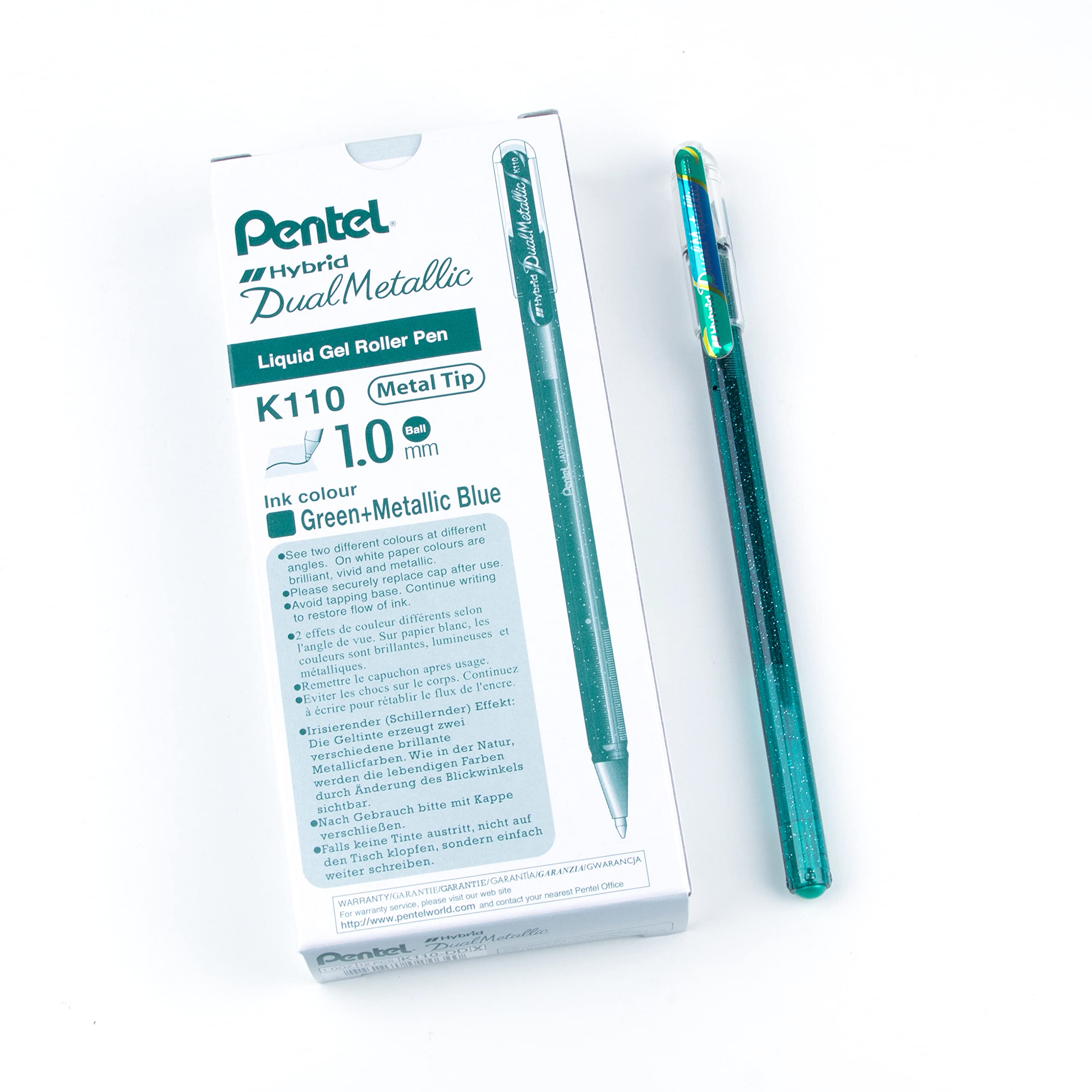 Pentel K110-DDX Dual Metallic Hybrid Dual Metallic Gelroller, Glitzer Gel, 12er Pack, grün/blau 2 verschiedene Farb-Effekte auf hellem/dunklem Papier grün+metallic blau