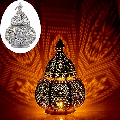 Marrakesch Lampe und Laterne in einem aus Metall 30 cm groß | Tischlampe Windlicht Mahana Weiss als Orientalische Dekoration