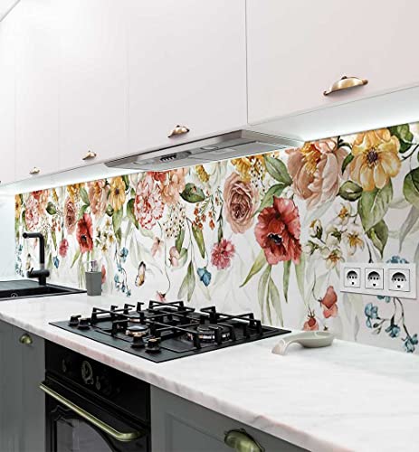 MyMaxxi - Selbstklebende Küchenrückwand Folie ohne Bohren - Bunte Auswahl an schönen Blumen rosa 60cm hoch- Klebefolie Wandtattoo Wandbild Küche - Wand-Deko - Blüte blühen Pflanze -