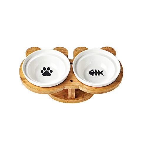 Koomiao 2×Keramik Futternapf Katze mit erhöhter Halterung Katzennäpfe Keramik mit Holzunterstützung Für Katzen Jeden Alters und Welpen (A)