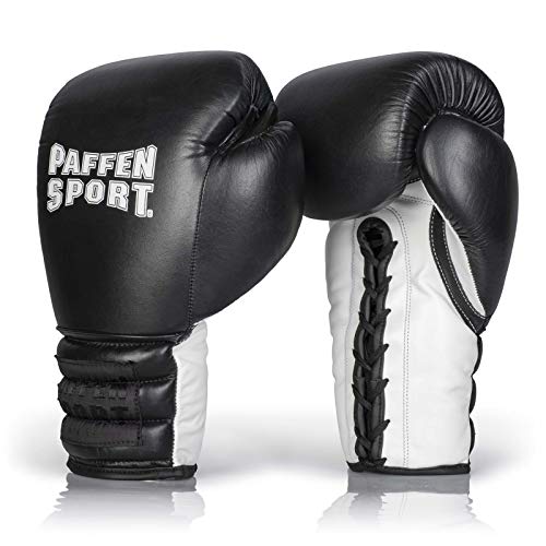 Paffen Sport «PRO LACE» Boxhandschuhe aus echtem Leder für das Training und Sparring im Kampfsport (Schwarz/Weiß, 14UZ)