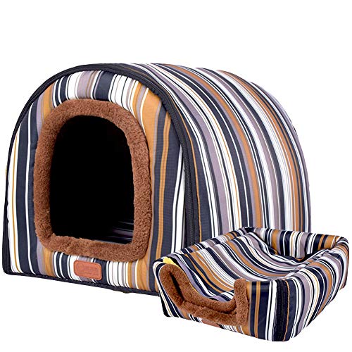 HONGBI Tragbar Faltbare Hundebett Katzenbett Hundehöhle Hundehütte, 2 in 1 Haustier Haus und Sofa für Katze, Kätzchen, Hündchen nd Kaninchen mit Abnehmbar Matte Bunte Streifen M