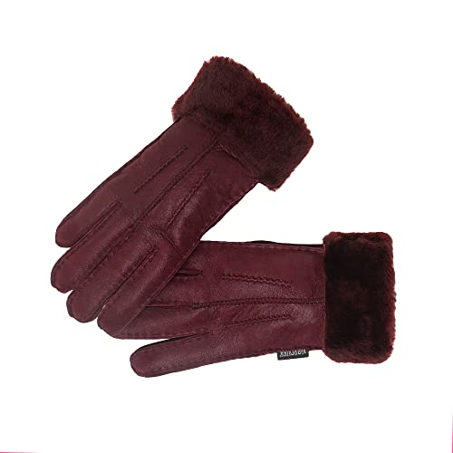 Nordvek Damen Schaffell-Handschuhe – Faltbare Manschette – Wildleder # 301-100, weinrot, 42
