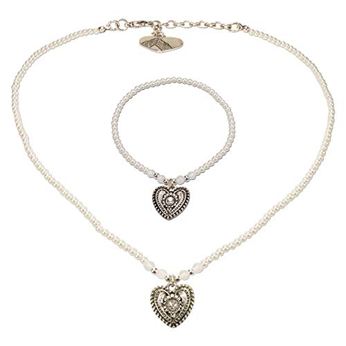 Alpenflüstern Trachtenschmuck-Set Filigran Perlen-Trachtenkette und Trachten-Armband Trachtenherz - Damen-Trachten-Schmuck, Trachtenset Dirndl-Kette und Trachten-Armkette Creme-weiß SET049