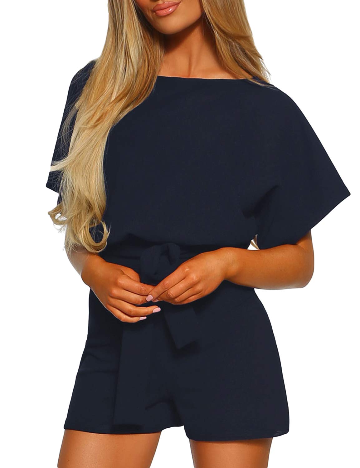 Roskiky kurzärmeliger Frauen-Overall mit Gürtel Beiläufig Rompers Playsuit Marineblau Größe S