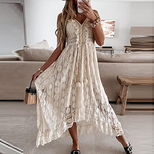 Bywenzai Kleid Boho Kleid Damen Sommer Maxikleid Dame Schulterfrei Urlaub Spitze V-Ausschnitt Spaghettiträger Sommerkleid Weißes Kleid XL Beige