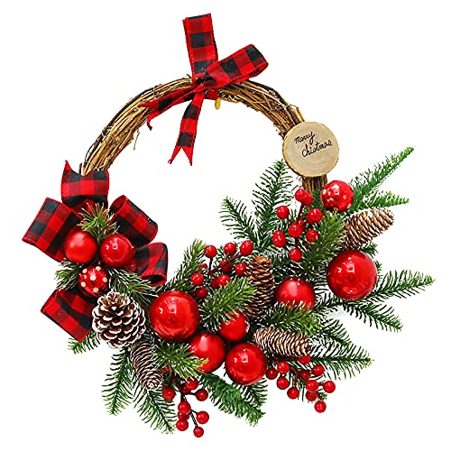Goosacyon Weihnachtskranz 50 cm Rebe Ring Anhänger mit natürlichen Tannenzapfen Bowknot Künstlicher Kranz mit Beeren für Haustür Dekoration, Weihnachtsdeko
