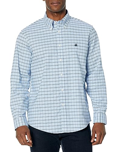 Brooks Brothers Herren Bügelfreies Stretch Oxford Sport Shirt Langarm Mini Karo Hemd mit Button-Down-Kragen, Marineblau/Weiß Multi, L