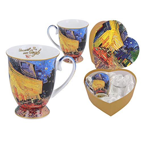 CARMANI - 2er Set Tasse aus feinem Knochenporzellan für Tee, Kaffee in einer herzförmigen Geschenkbox mit Vincent Van Gogh - Café Terrasse bei Nacht 380ml