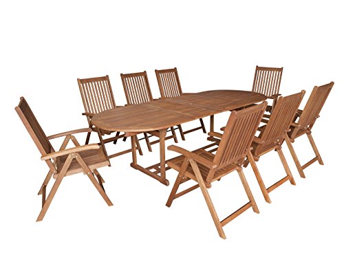 DEGAMO Garten Outdoor Sitzgruppe LAGO in XL-Ausführung, 9-teilig: 8X Klappsesessel verstellbar, 1x Ausziehtisch 260x100cm oval, Eukalyptus-Holz, braun geölt