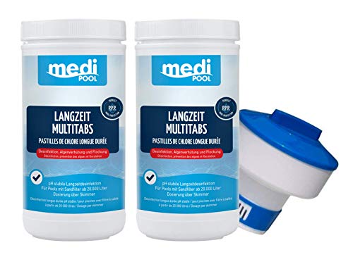 mediPOOL 507601MP Langzeit MultiTabs 200g, 2 x 1KG, Chlor Multifunktionstabletten und Dosierschwimmer für 200gr. Tabletten