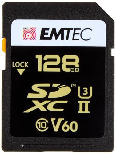 Emtec ECMSD128GUHS2V60 SD-Karte, UHS-II U3 V60 SpeedINPRO+, Speicherkapazität 128 GB, 2 Reihen PIN-Steckern auf der Rückseite der Karte, Schwarz/Gold