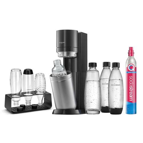 SodaStream Wassersprudler Duo Comfort-Set mit CO2-Zylinder, Glasflasche, 2X 1L spülmaschinenfeste Kunststoff-Flasche und sytlischem Flaschenhalter, Höhe: 44cm, Farbe: Titan, 44 cm