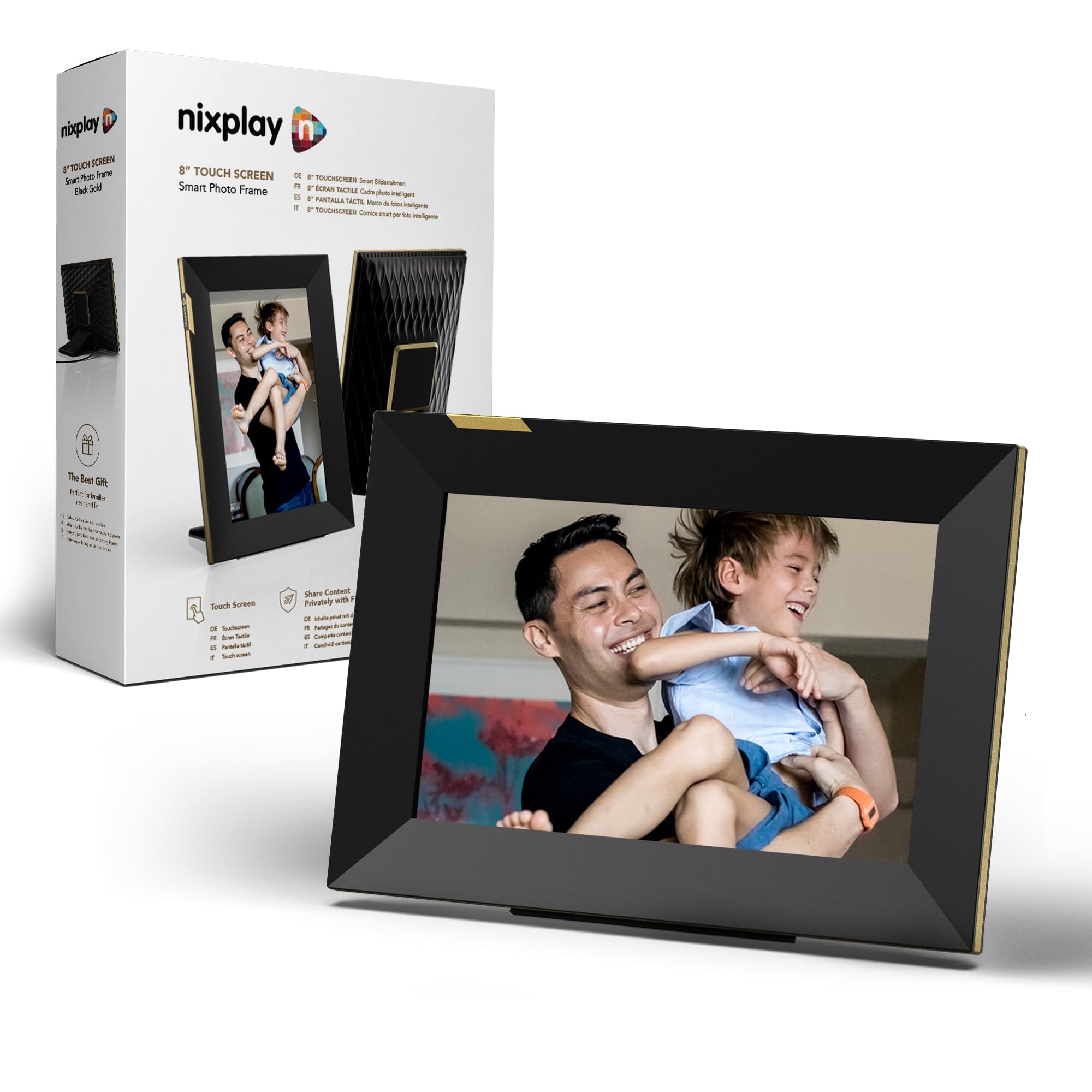 Nixplay 8 Zoll Touchscreen digitaler Bilderrahmen mit WiFi (W08K), Schwarz-Gold, Videoclips und Fotos sofort per E-Mail oder App teilen…