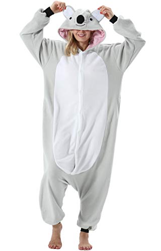 ULEEMARK Damen Herren Jumpsuit Onesie Tier Fasching Halloween Kostüm Lounge Sleepsuit Cosplay Overall Pyjama Schlafanzug Erwachsene Unisex Grau Koala for M
