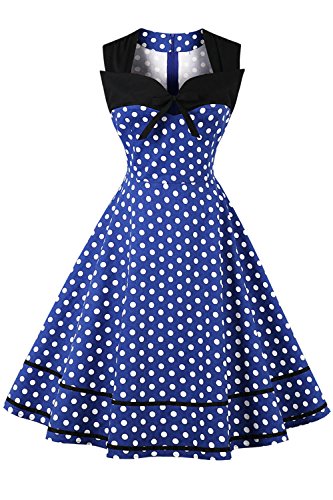 Axoe Damen 60er Jahre Polka Dot Retro Vintage Rockabilly Kleider Abendkleider Elegant für Hochzeit Blau Gr.44