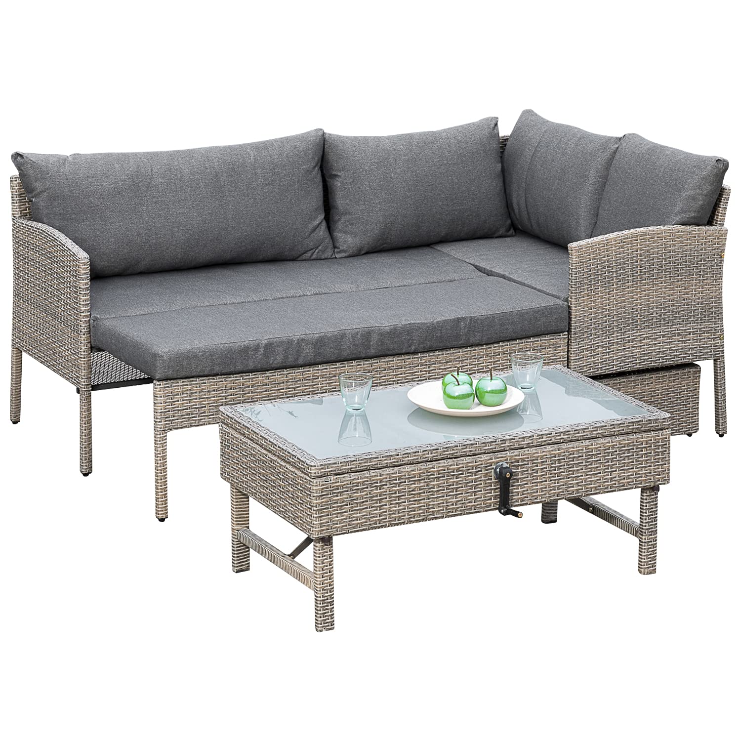 gartenmoebel-einkauf Balkon - Lounge Set Valletta, Stahl + Polyrattan graubeige, mit Liegefunktion, Polster grau, Innen und Außen