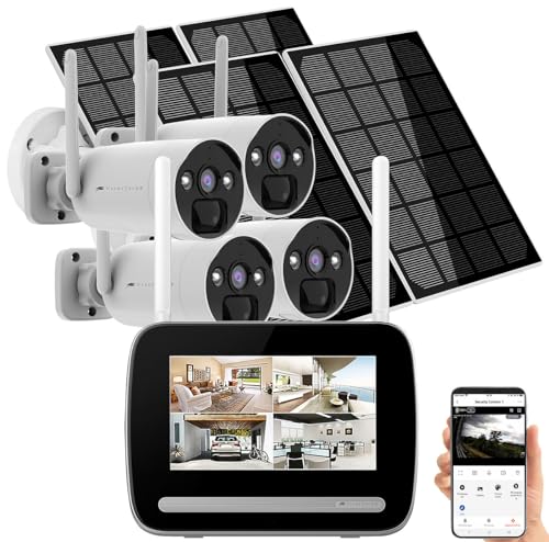 VisorTech Solar-Kameras: Funk-Überwachungs-Set: Rekorder mit 4X 2K-Solar-Kamera, PIR, App (Solar Überwachungskameras außen, Kameraüberwachung)