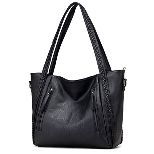 HeHe Damen Handtasche PU-Leder Shopper Tasche Schultertasche für Schule Reisen Arbeit und Einkäufe - Schwarz