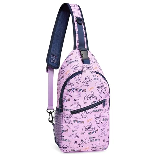 Disney Stitch Sling Bag, Brusttasche Umhängetasche mit Gepolstertem Träger & Mehreren Fächern- Geschenke für Mädchen