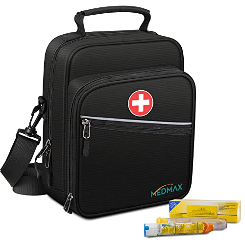 MEDMAX Medical Tragetasche Isoliert, tragbare Notfalltasche Medikament Tasche Organizer Diabetikertasche mit Schultergurt für Asthma Inhalator, Auvi-Q, Allergy Medicine Essentials, Schwarz